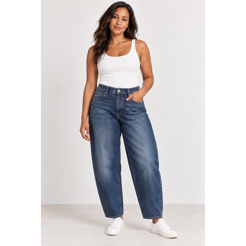 H&M &Denim Barrel Jeans Womens 10 Dark Wash High Waist Loose Fit Cropped Blue